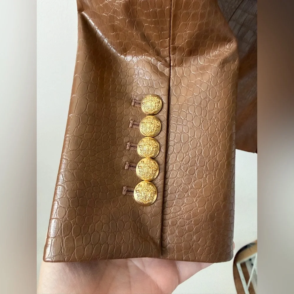 VERONICA BEARD | Lawrence Dark Camel Croc Faux Leather Dickey Jacket Size 12 - Picture 7 of 9